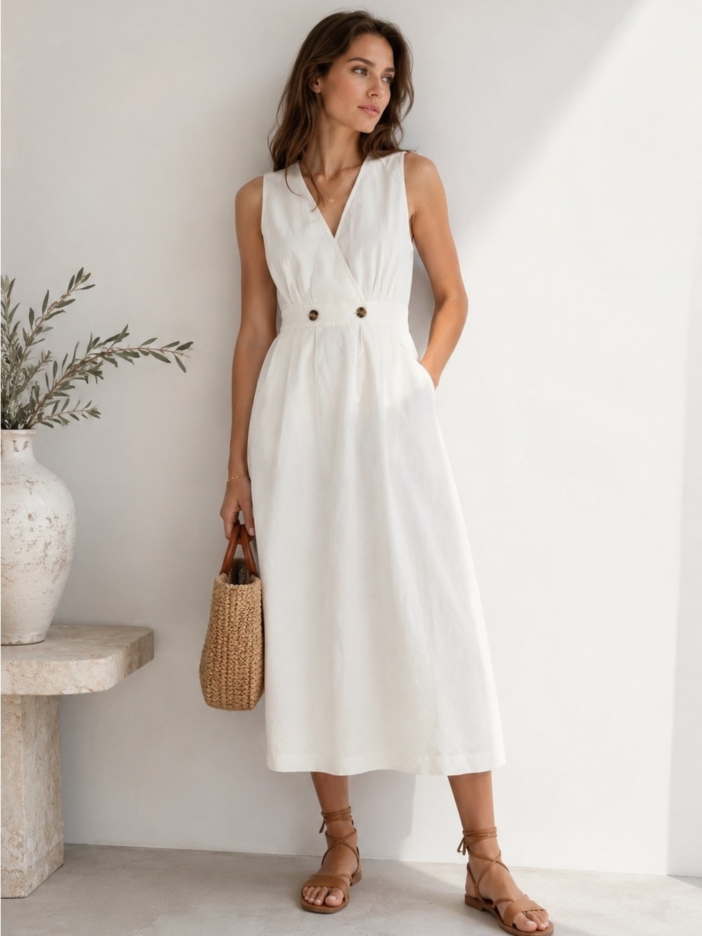 Madewell Midi Dress Women’s Size 4 Linen White Button Waist Sleeveless B5